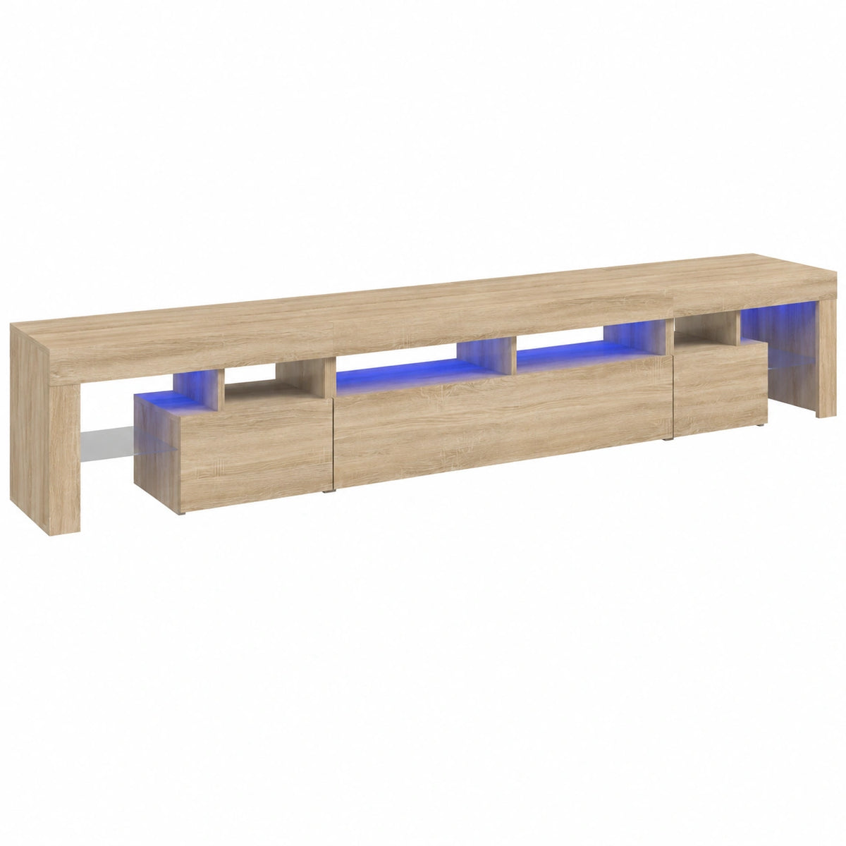 Meuble TV, avec rangement, avec éclairage LED, en chêne, pour le salon