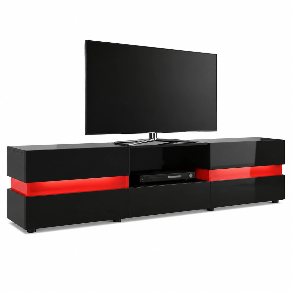 Meuble TV, avec tiroirs, avec portes, avec éclairage LED, coloris noir, 177 x 45 x 39 cm, pour le salon