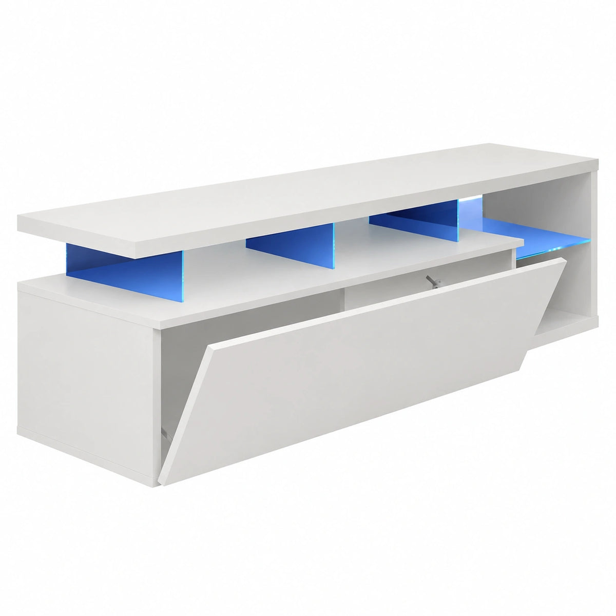 Meuble TV, avec éclairage LED, coloris blanc, 150 x 43 x 41 cm, pour le salon