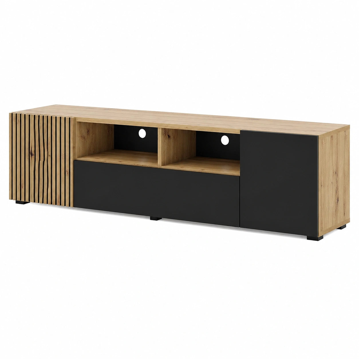 Meuble TV, en chêne et panneaux de bois, avec portes, coloris noir, pour le salon