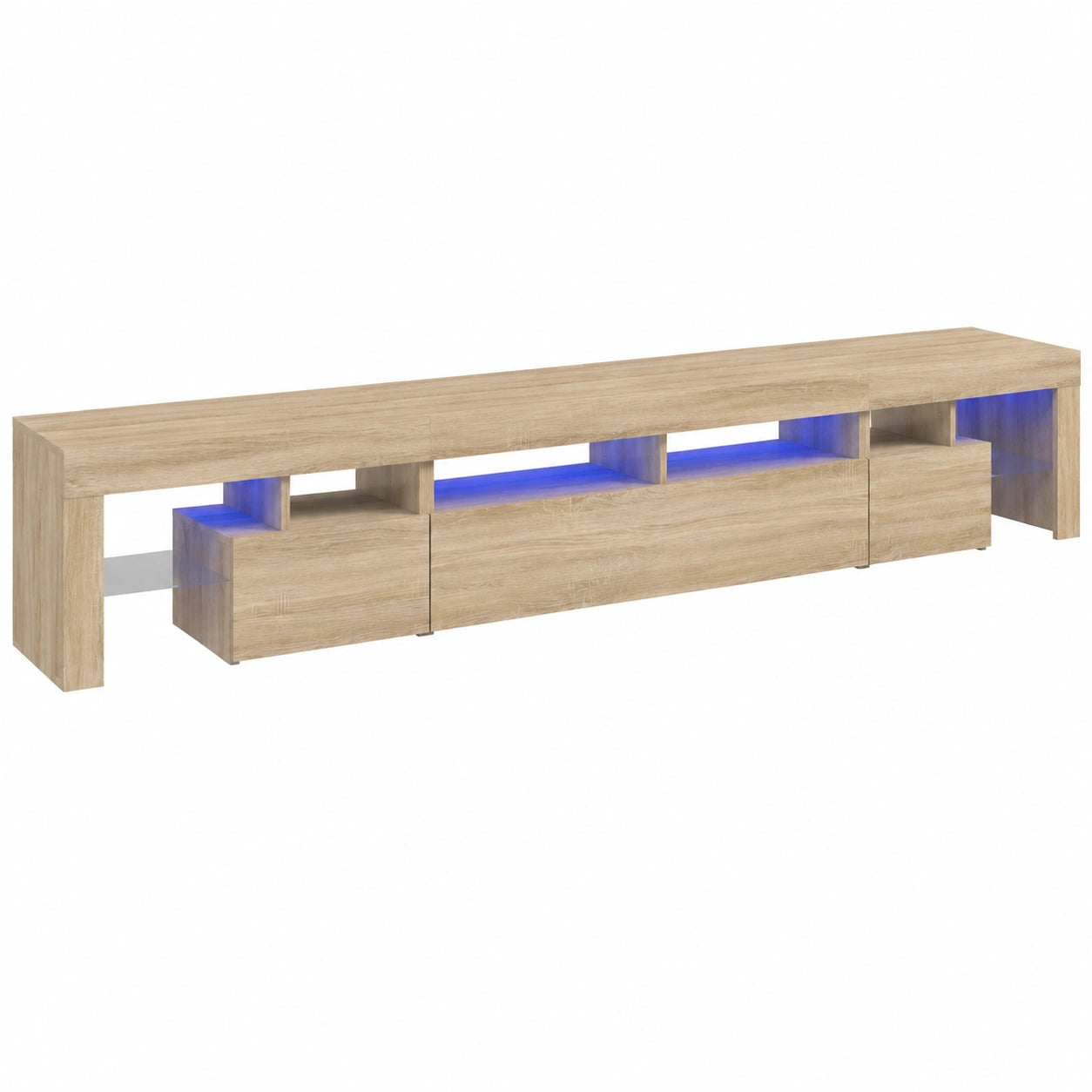 Meuble TV, avec rangement, avec éclairage LED, en chêne, pour le salon