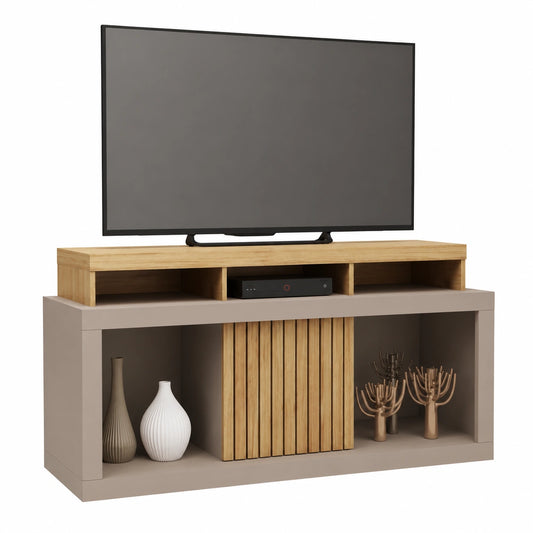 Meuble TV, avec portes, sur roulettes, en chêne, coloris gris, pour le salon