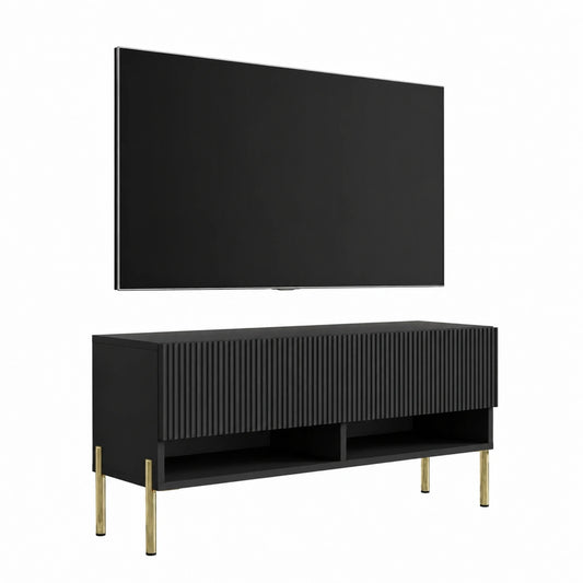 Meuble TV, coloris noir et doré, 100 x 32 x 52 cm, pour le salon